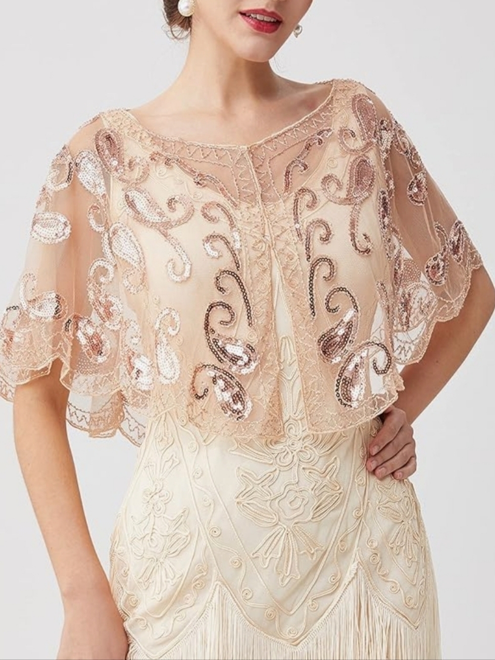 Cream & Gold Sequin Sheer Capelet Top